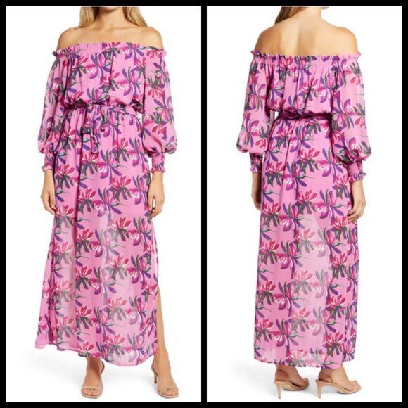 💕WAYF💕 Off Shoulder Shoulder Maxi Dress ~ Pink Birds of Paradise XS (*No Belt) - Picture 1 of 16